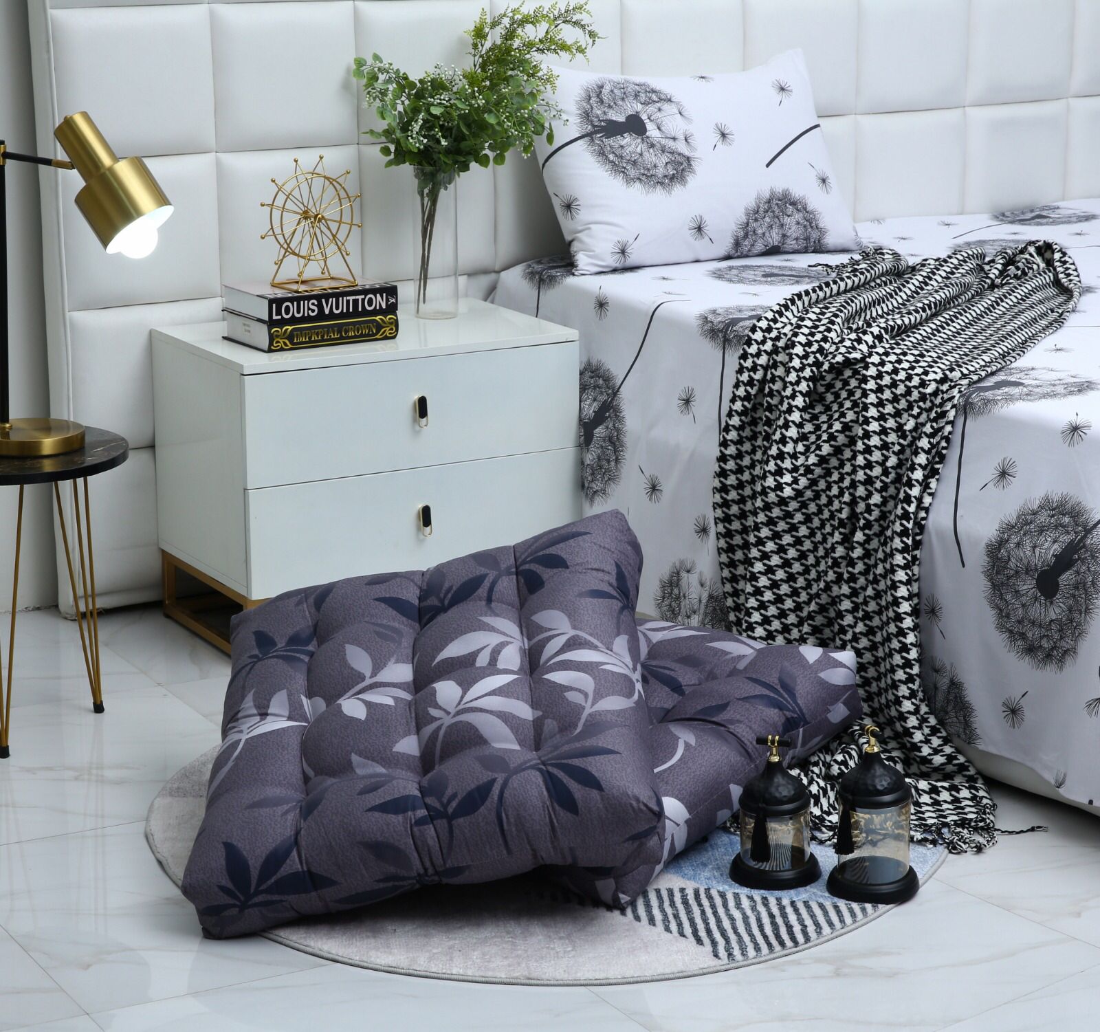 Digital Printed Square Floor Cushions-Grey Leaf cushions Apricot