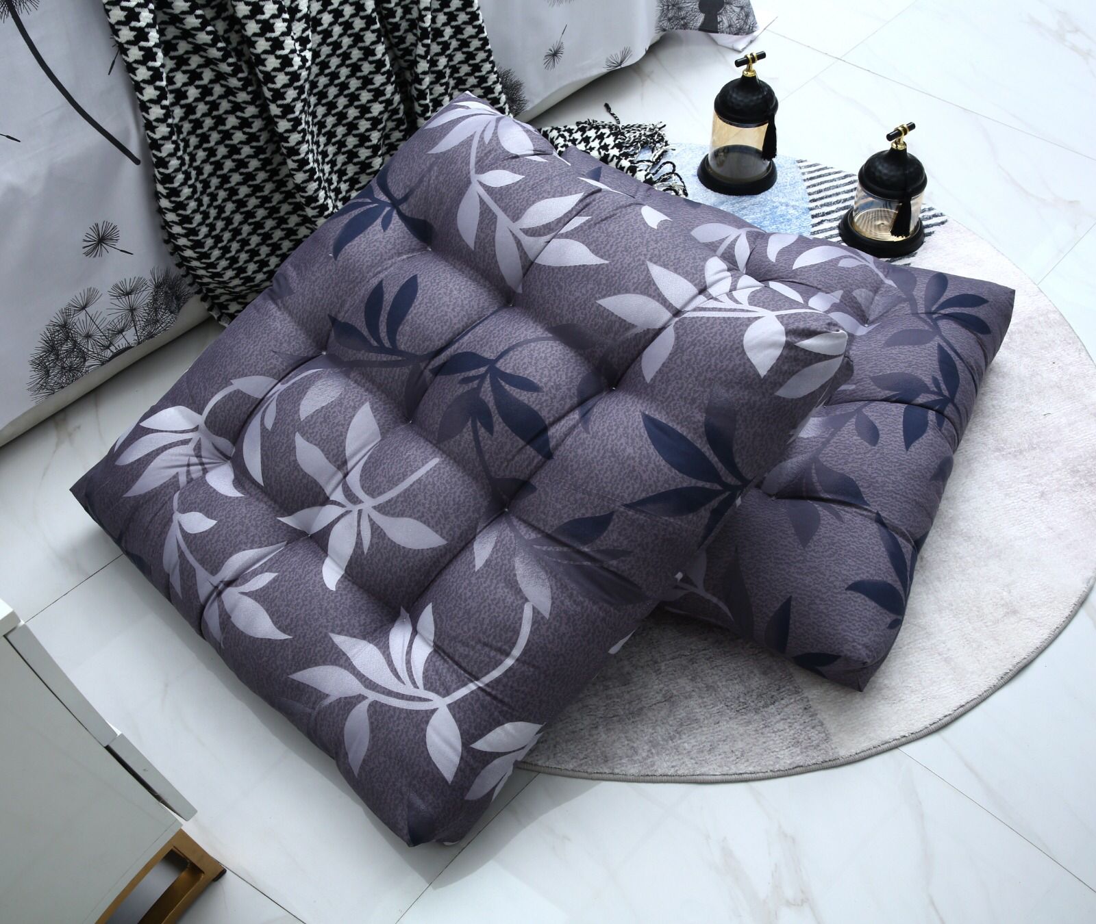 Digital Printed Square Floor Cushions-Grey Leaf cushions Apricot