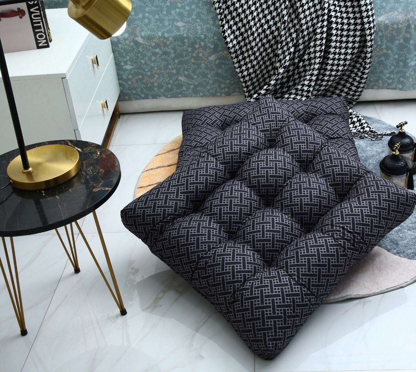Digital Printed Square Floor Cushions-Plaid cushions Apricot