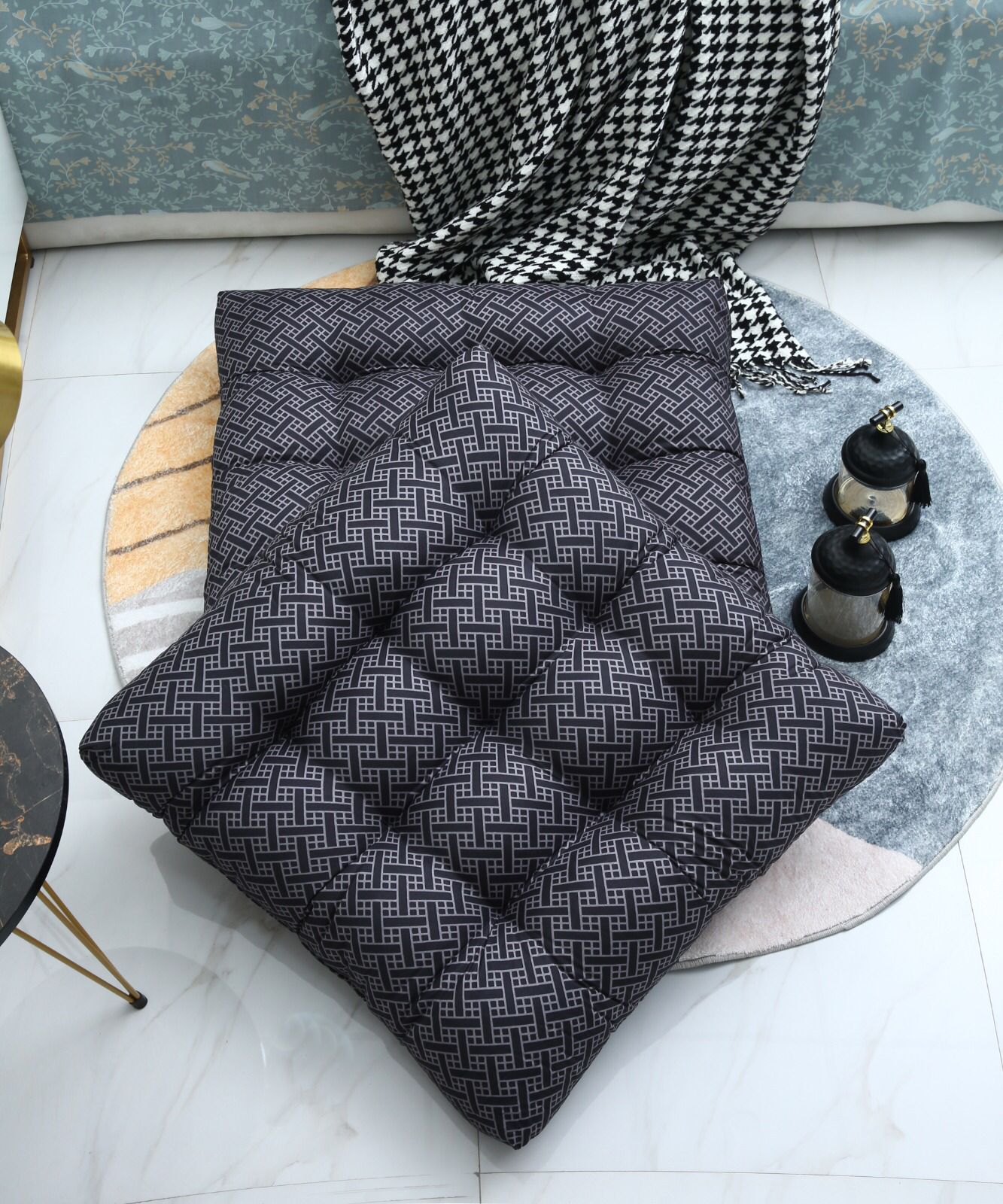 Digital Printed Square Floor Cushions-Plaid cushions Apricot