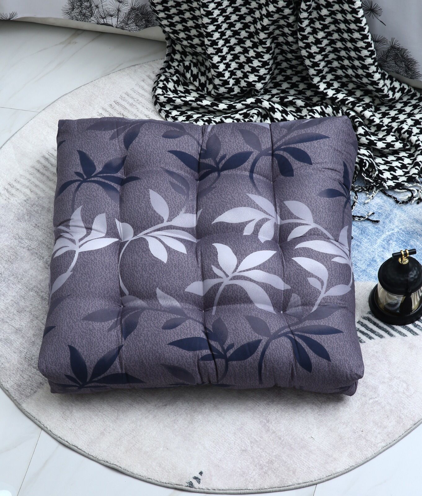 Digital Printed Square Floor Cushions-Grey Leaf cushions Apricot
