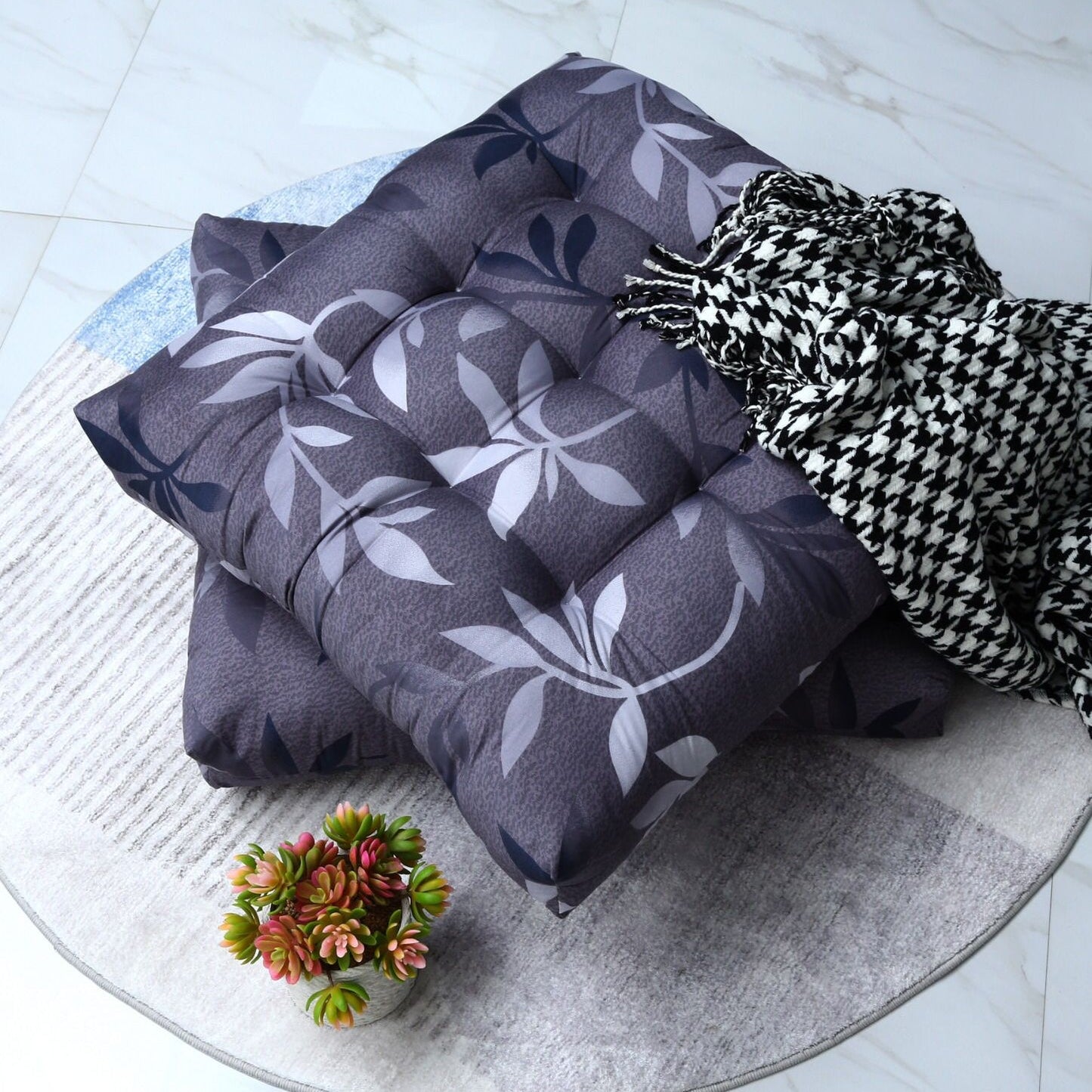 Digital Printed Square Floor Cushions-Grey Leaf cushions Apricot