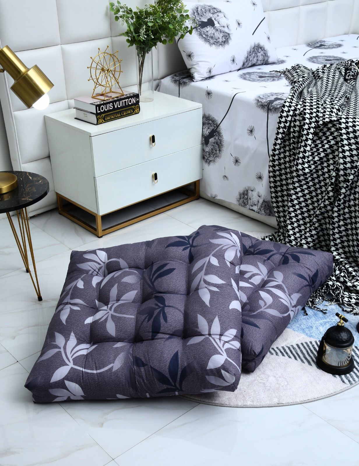 Digital Printed Square Floor Cushions-Grey Leaf cushions Apricot