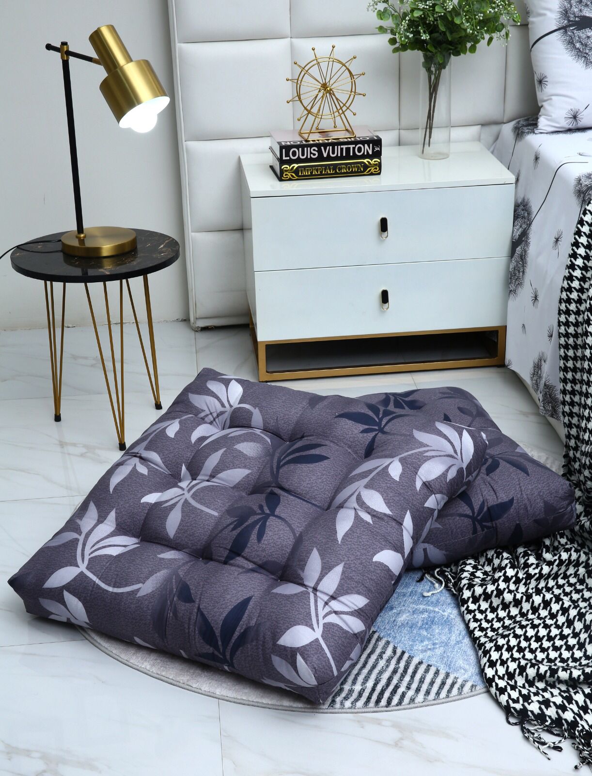 Digital Printed Square Floor Cushions-Grey Leaf cushions Apricot