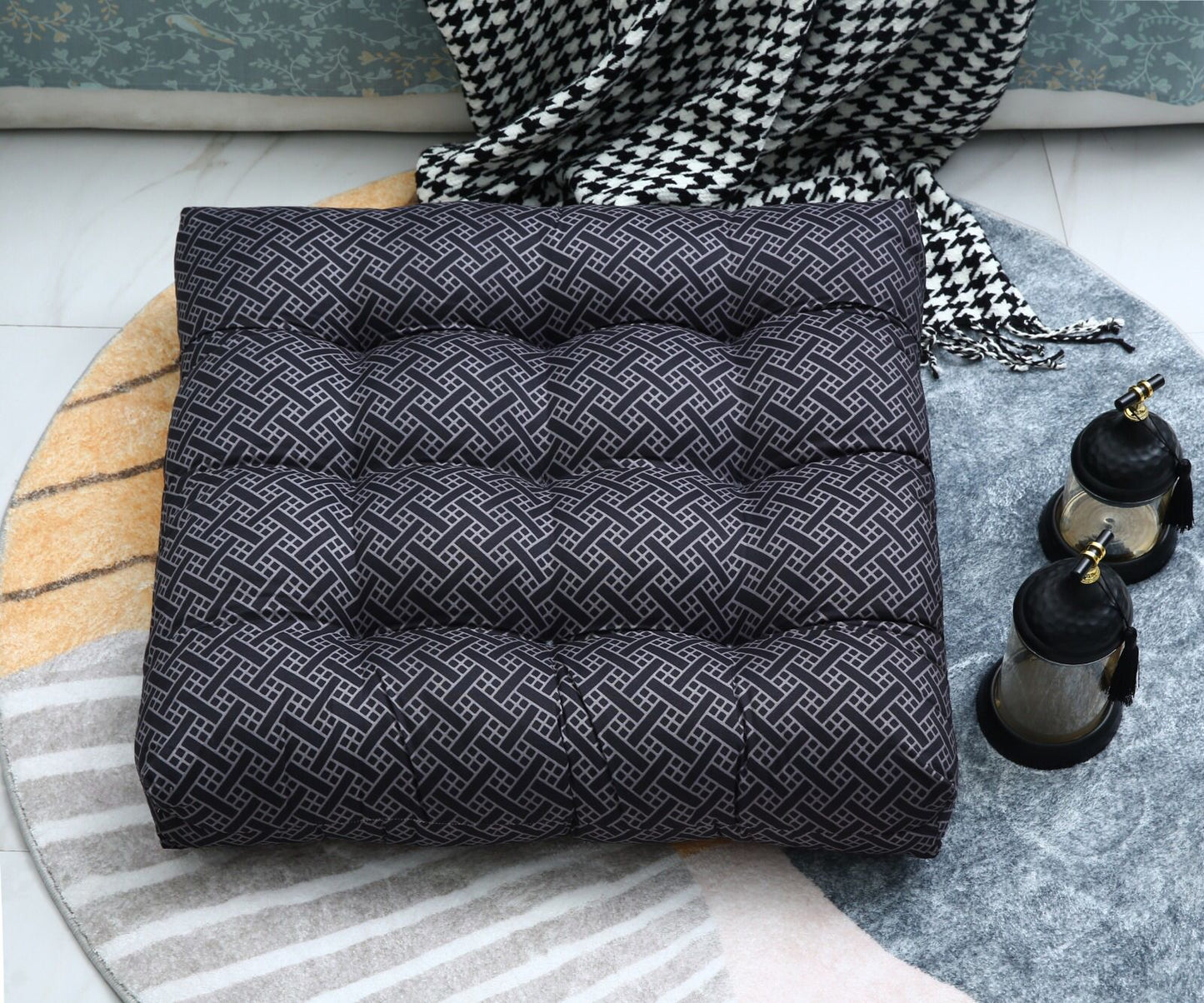 Digital Printed Square Floor Cushions-Plaid cushions Apricot