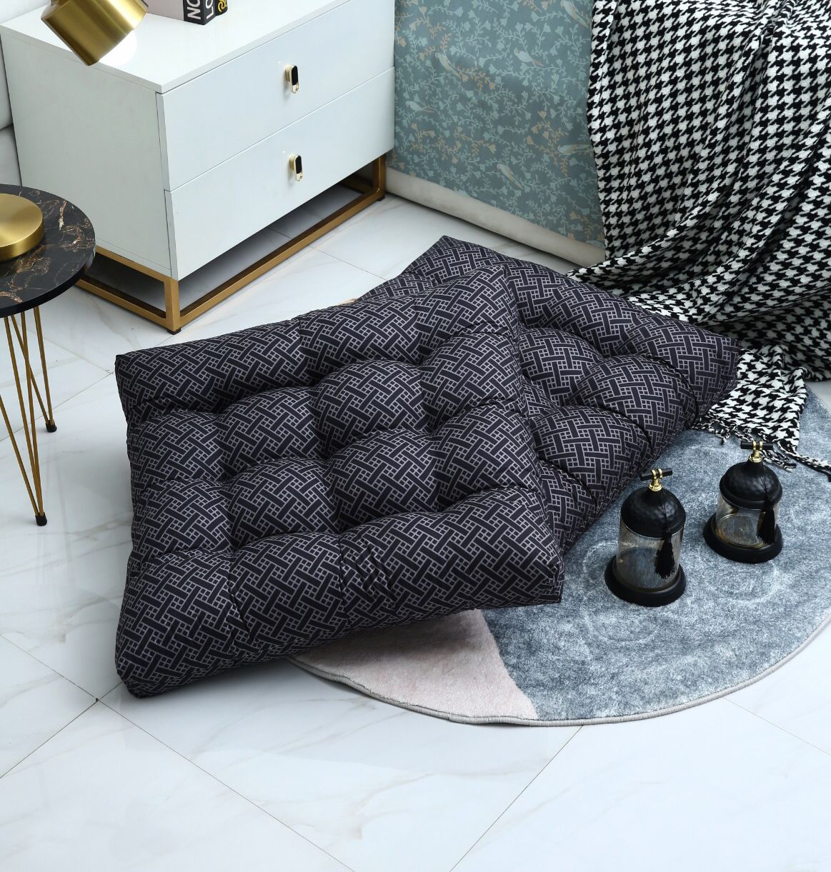Digital Printed Square Floor Cushions-Plaid cushions Apricot