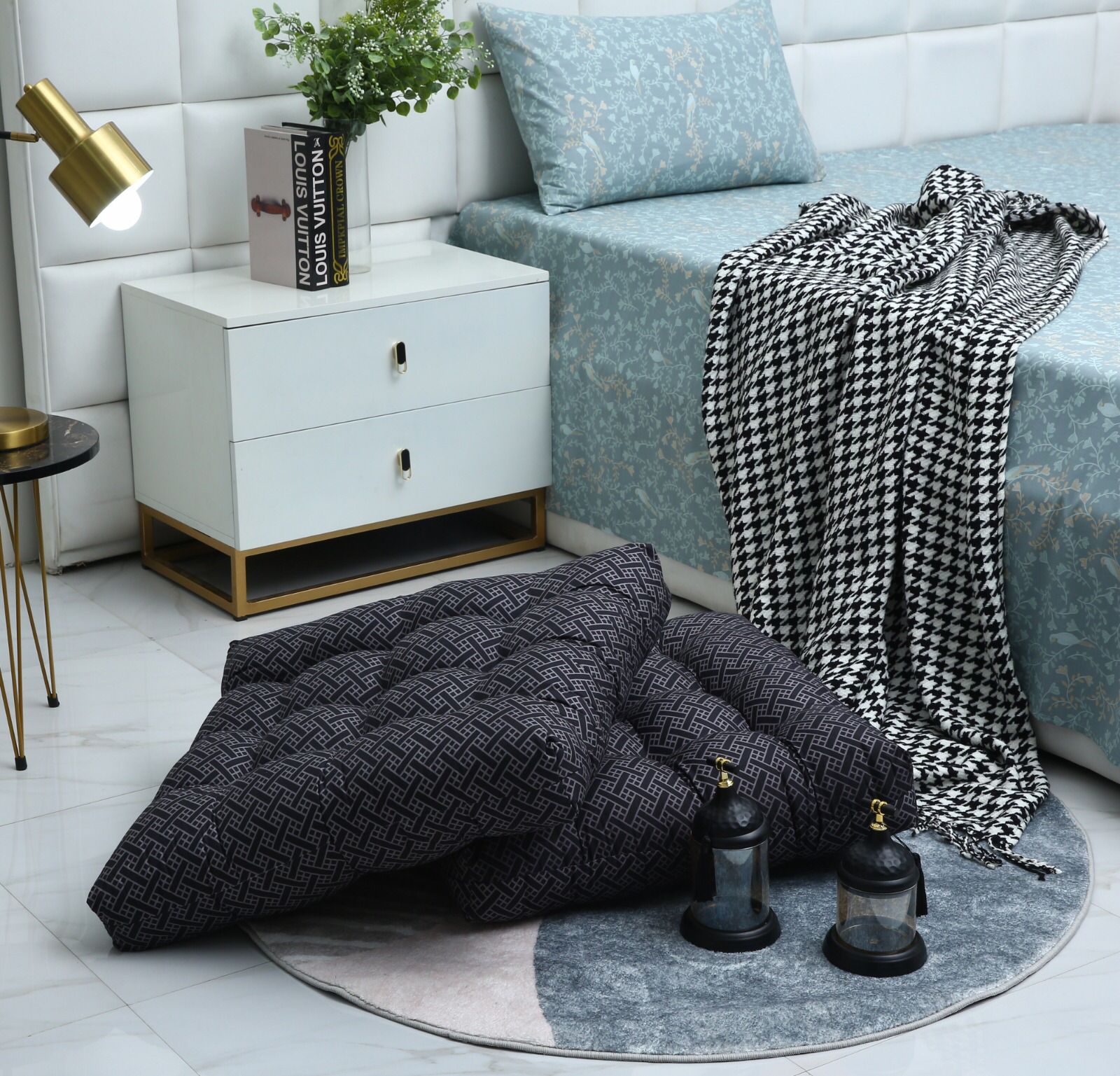 Digital Printed Square Floor Cushions-Plaid cushions Apricot