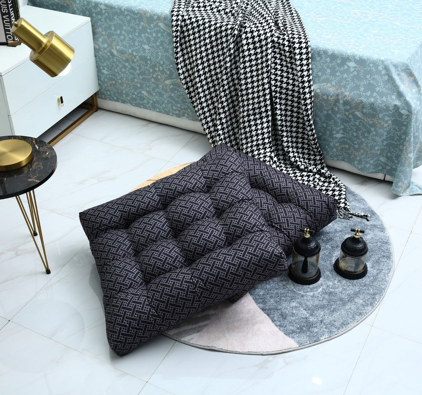 Digital Printed Square Floor Cushions-Plaid cushions Apricot