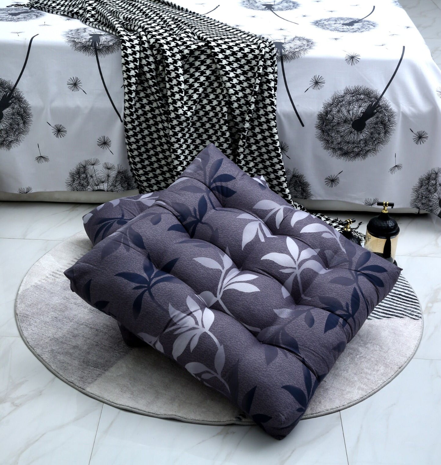 Digital Printed Square Floor Cushions-Grey Leaf cushions Apricot