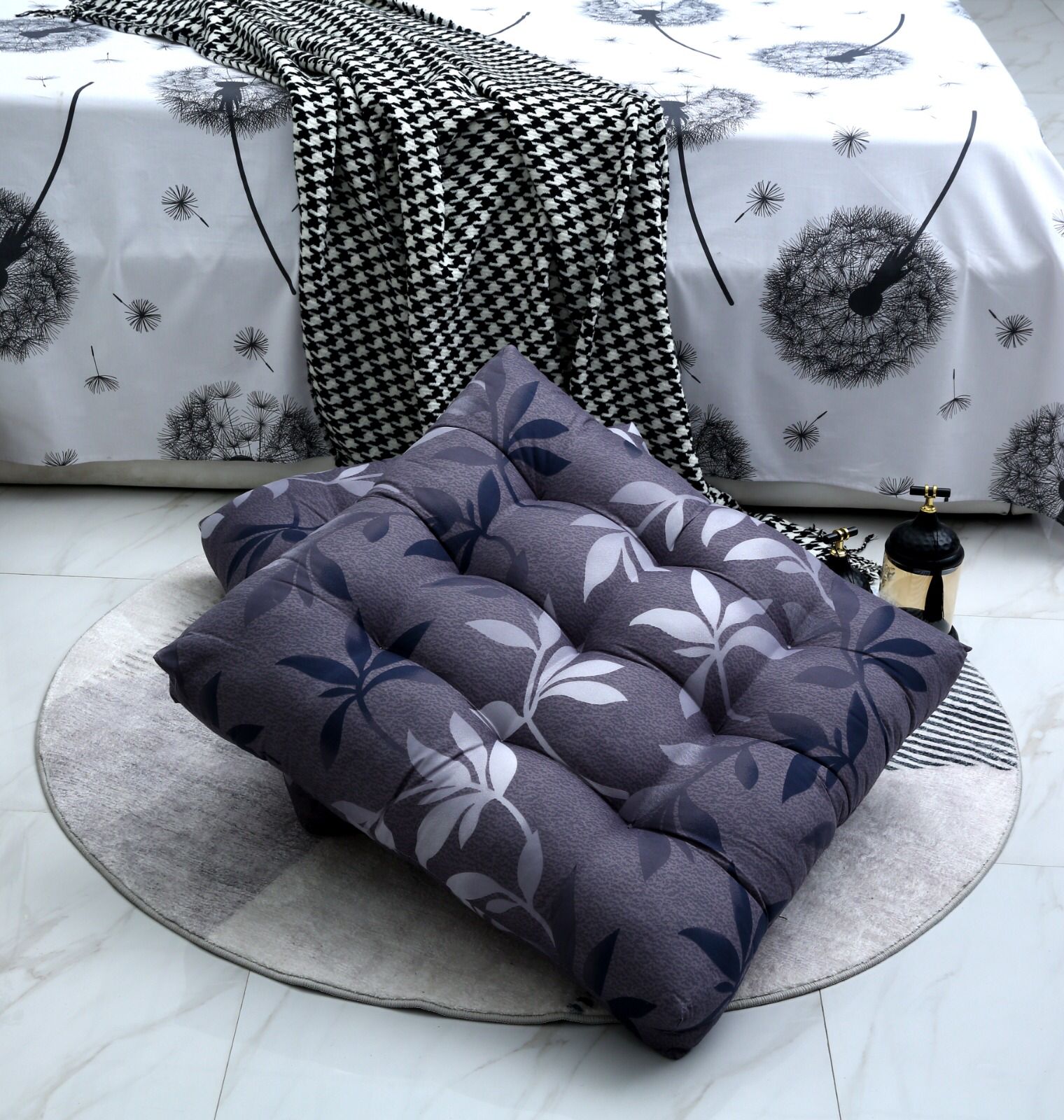 Digital Printed Square Floor Cushions-Grey Leaf cushions Apricot