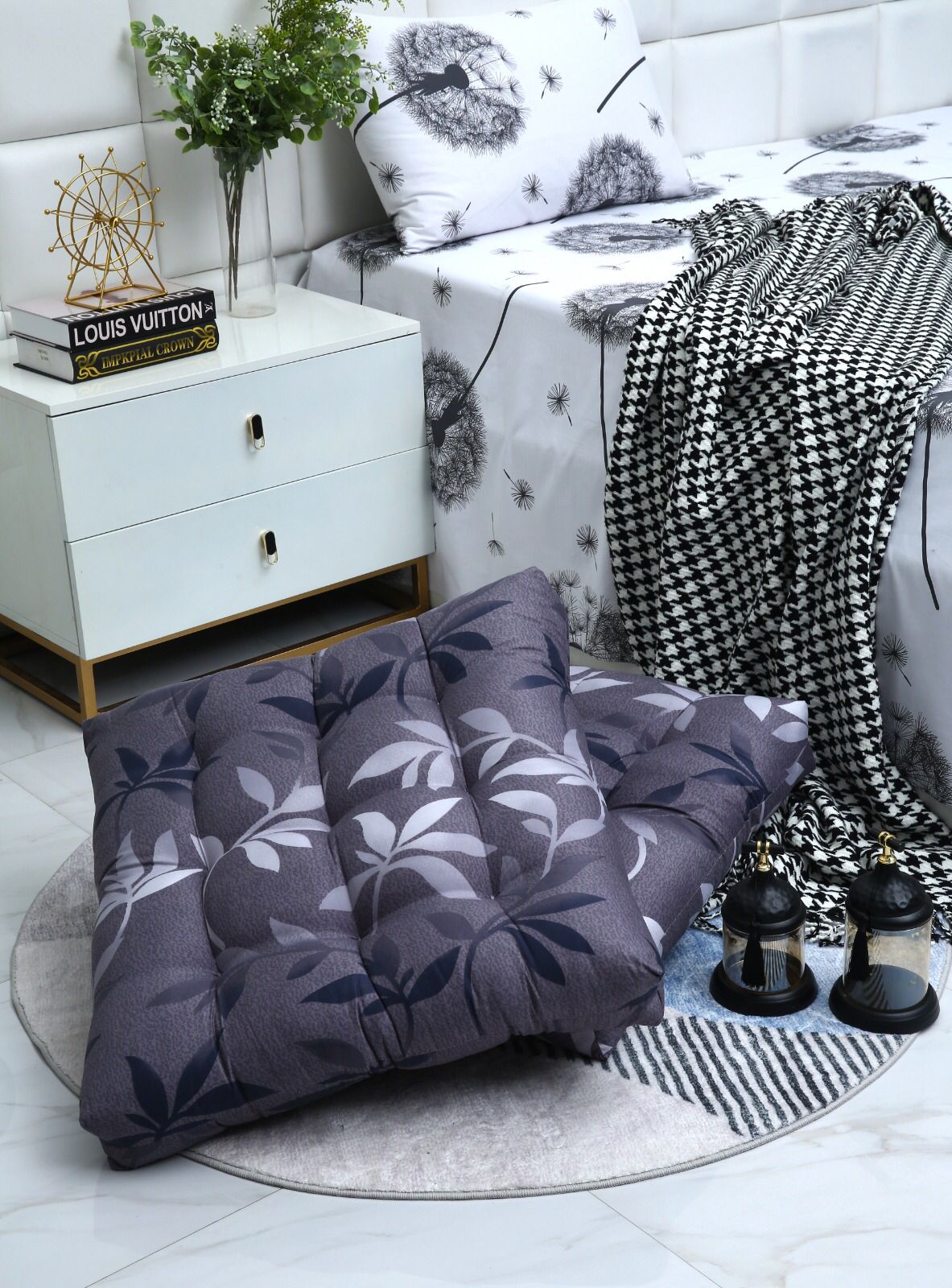Digital Printed Square Floor Cushions-Grey Leaf cushions Apricot