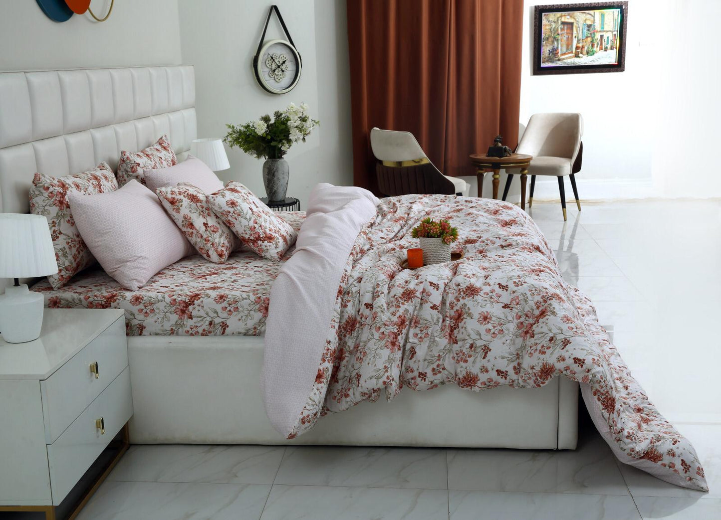 8PCs Duvet Cover Pastel Botanical Bed Sheets Apricot