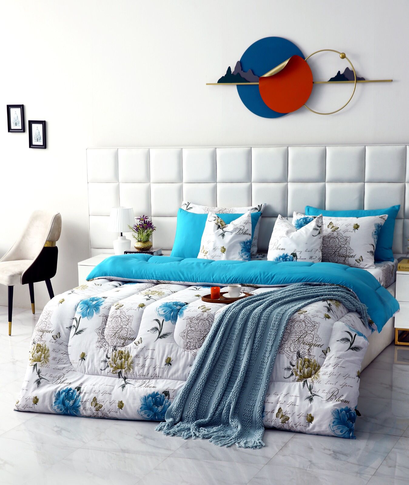 8 PCs Winter Comforter Set-Blue Flowers Comforters Apricot