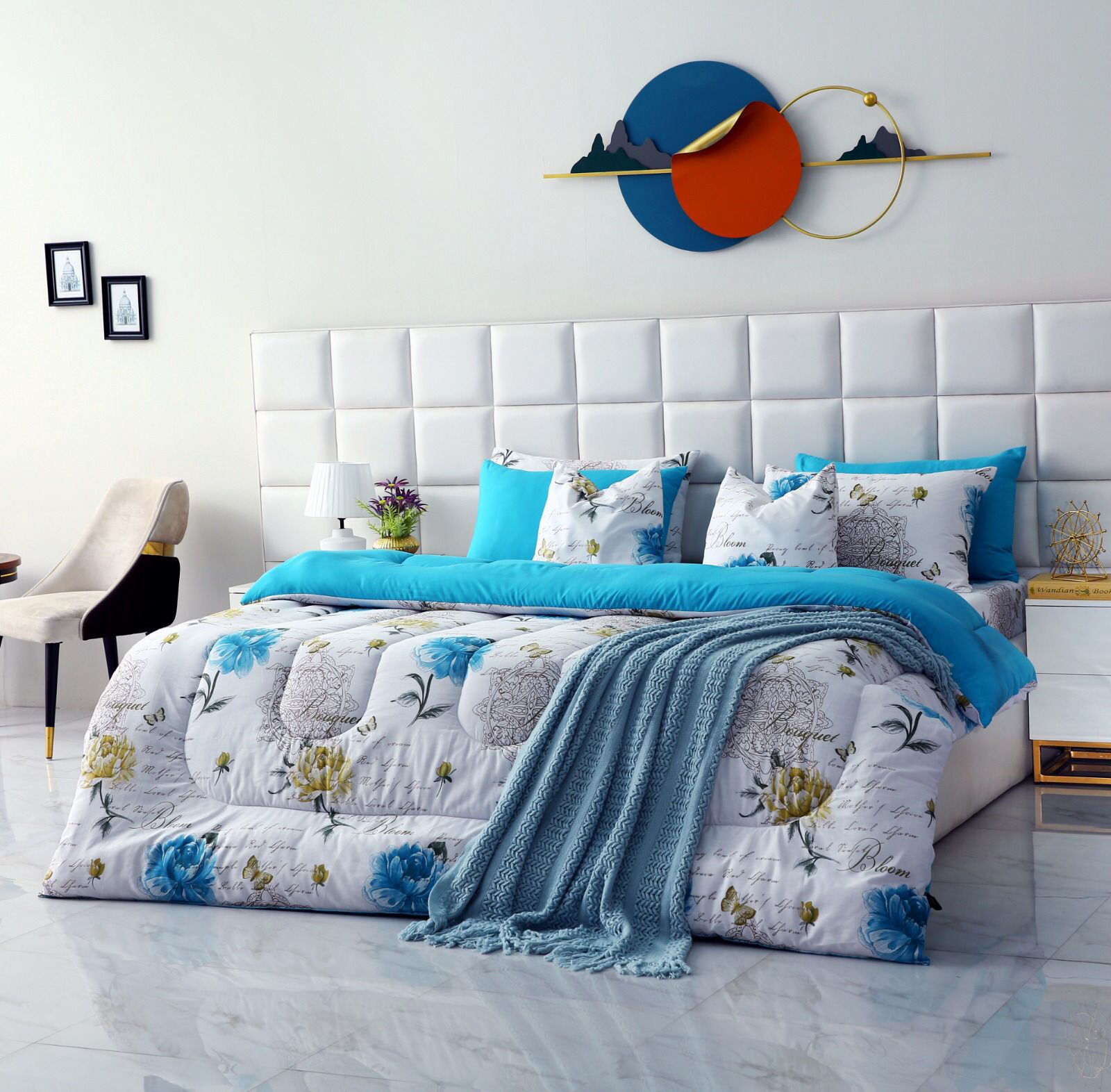 8 PCs Winter Comforter Set-Blue Flowers Comforters Apricot