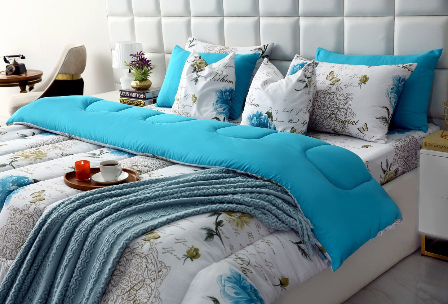 8 PCs Winter Comforter Set-Blue Flowers Comforters Apricot