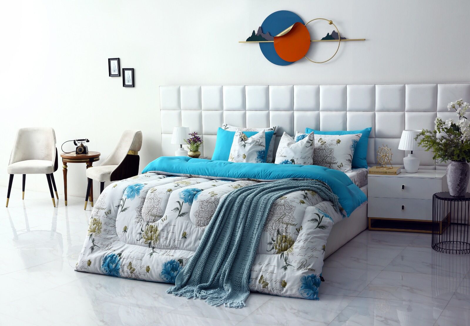 8 PCs Winter Comforter Set-Blue Flowers Comforters Apricot