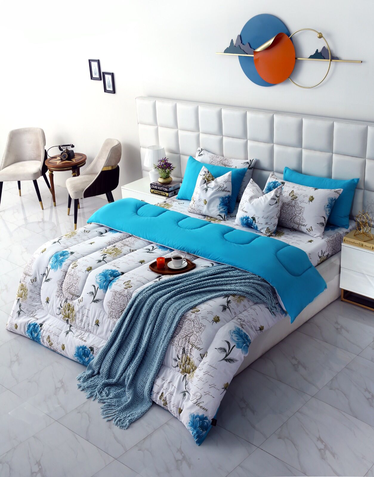 8 PCs Winter Comforter Set-Blue Flowers Comforters Apricot