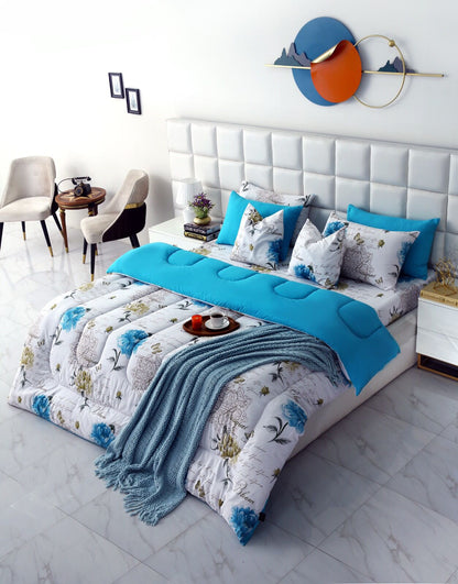 8 PCs Winter Comforter Set-Blue Flowers Comforters Apricot