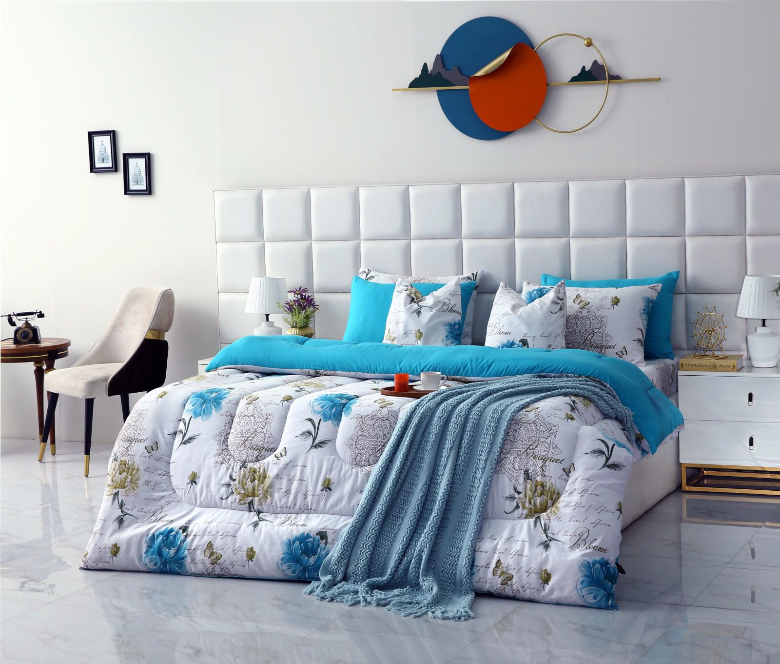 8 PCs Winter Comforter Set-Blue Flowers Comforters Apricot