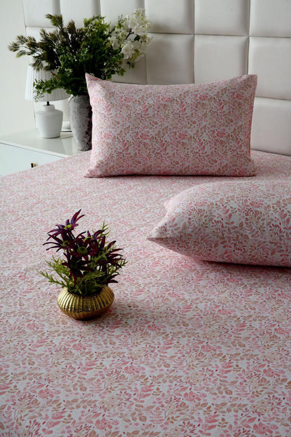 3 PCs Double Bed Sheet-Pink Bloom Bed Sheets Apricot