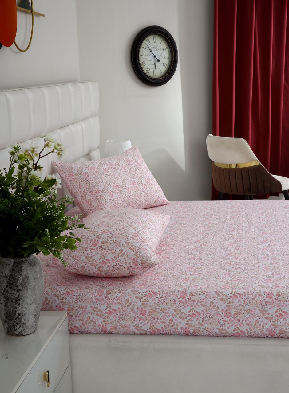 3 PCs Double Bed Sheet-Pink Bloom Bed Sheets Apricot