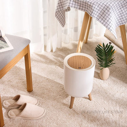 Indoor trash Bin With Wooden Feets-SA2408-108 Bathroom Accessory Sets Apricot
