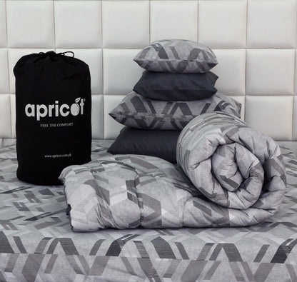 8 PCs Winter Razai Set-Grey Triangles Comforters Apricot