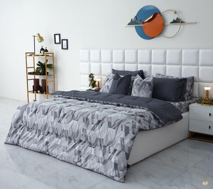 8 PCs Winter Razai Set-Grey Triangles Comforters Apricot