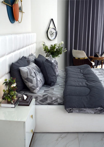 8 PCs Winter Razai Set-Grey Triangles Comforters Apricot