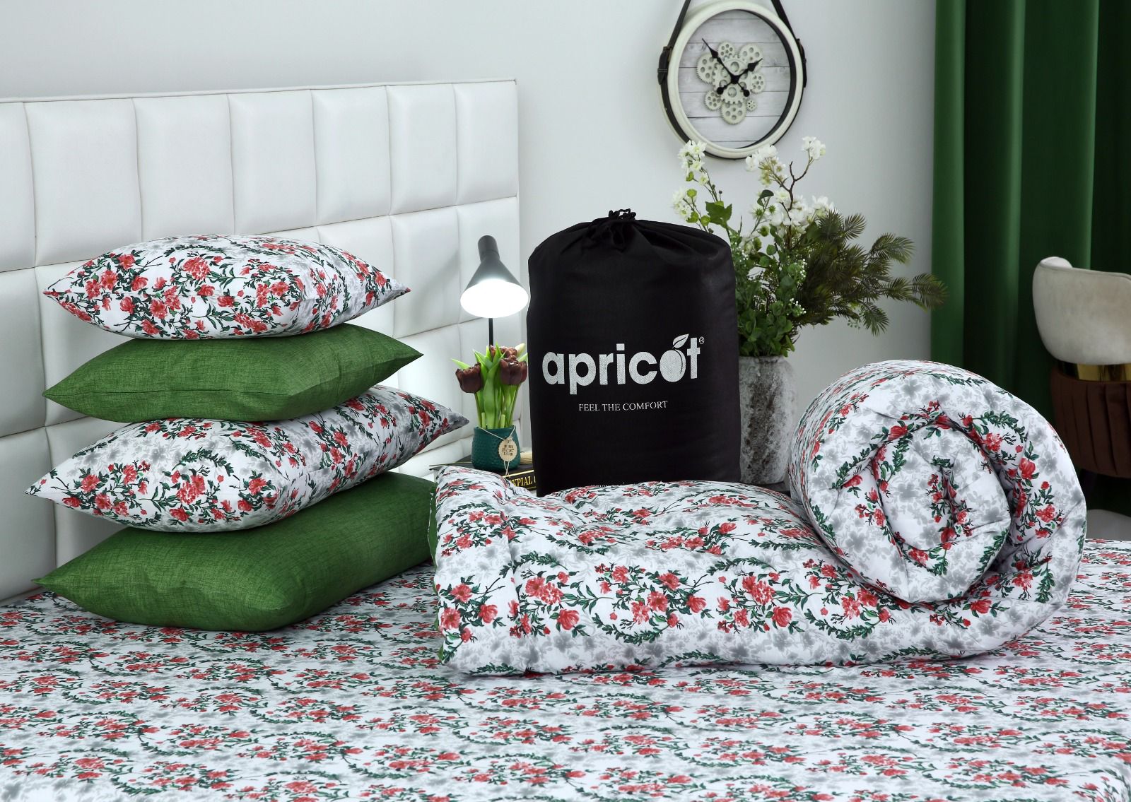 8 PCs Winter Comforter Set-Emerald Blooms Comforters Apricot