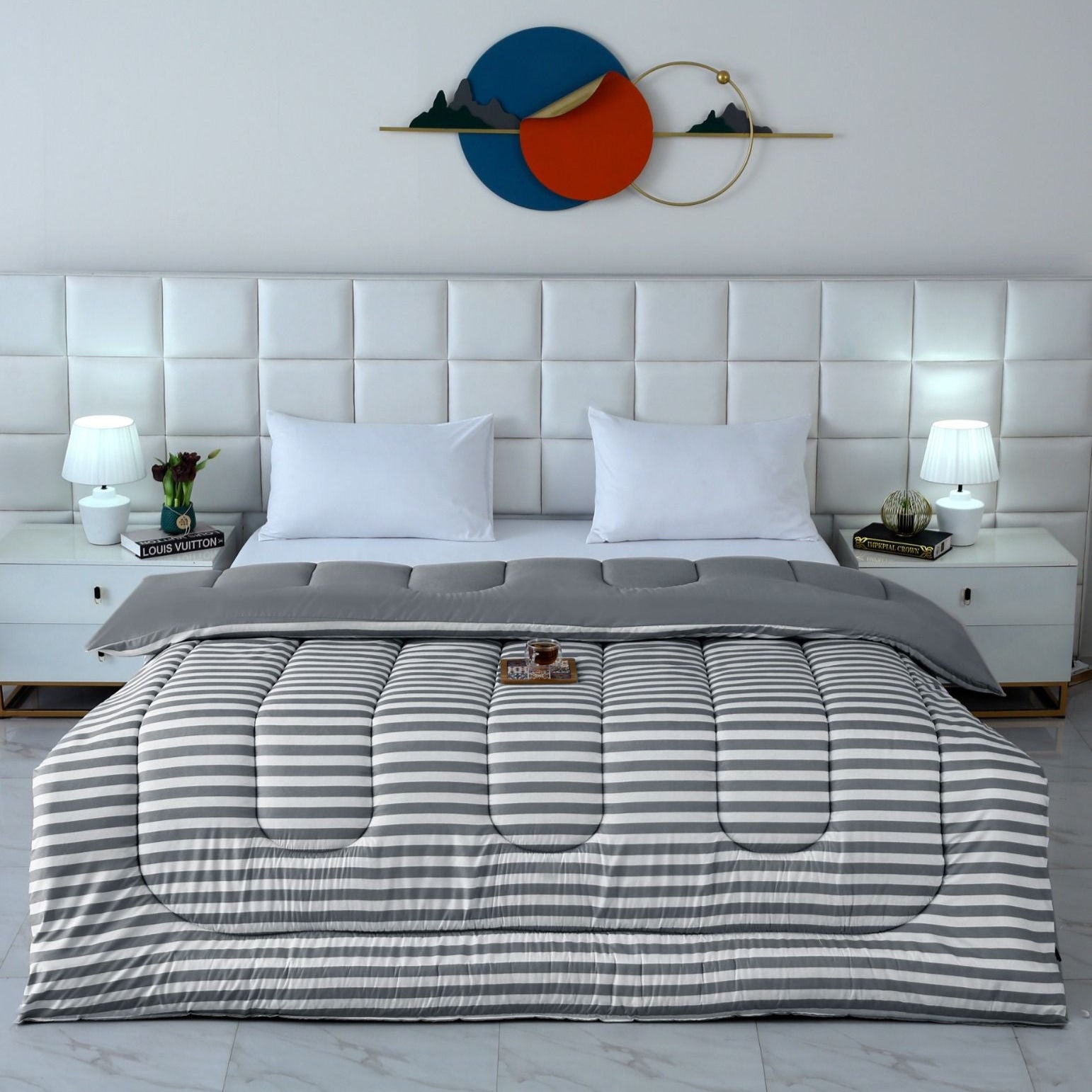 1 PC Double Winter Comforter-Grey Bold Stripes Comforters Apricot