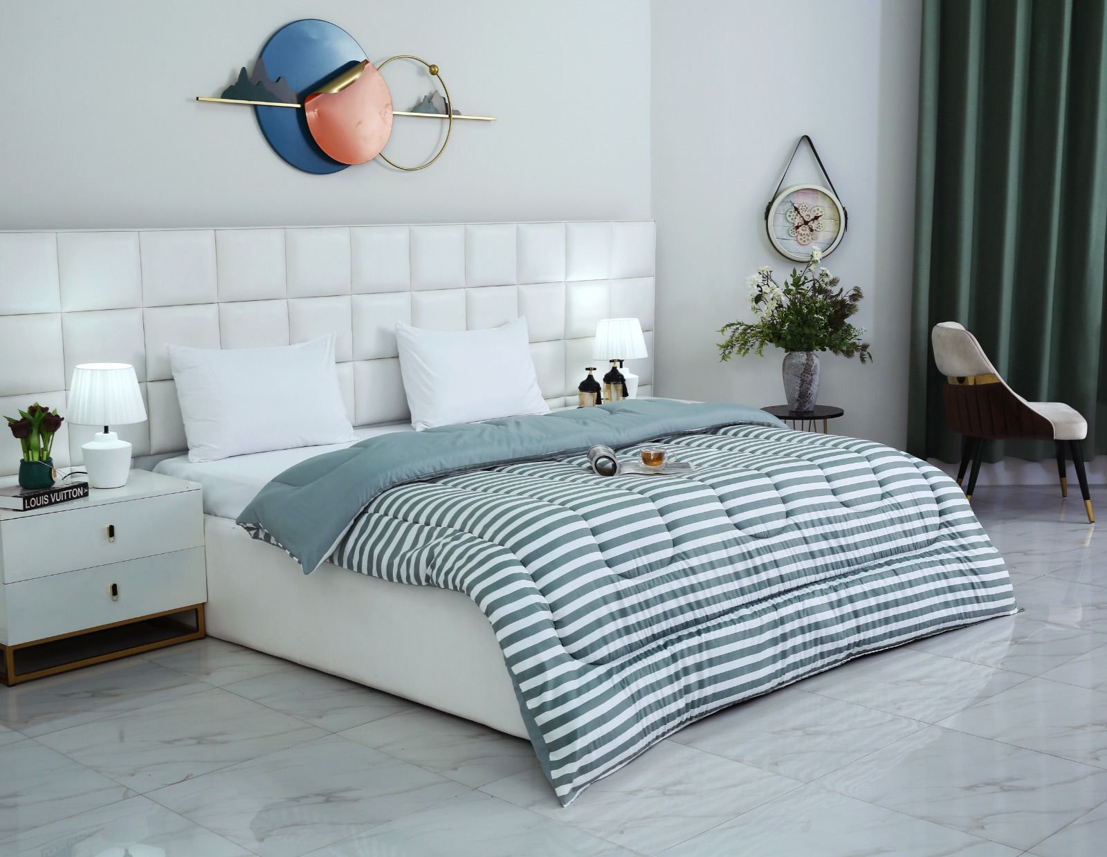 1 PC Double Winter Comforter-Green Bold Stripes Comforters Apricot