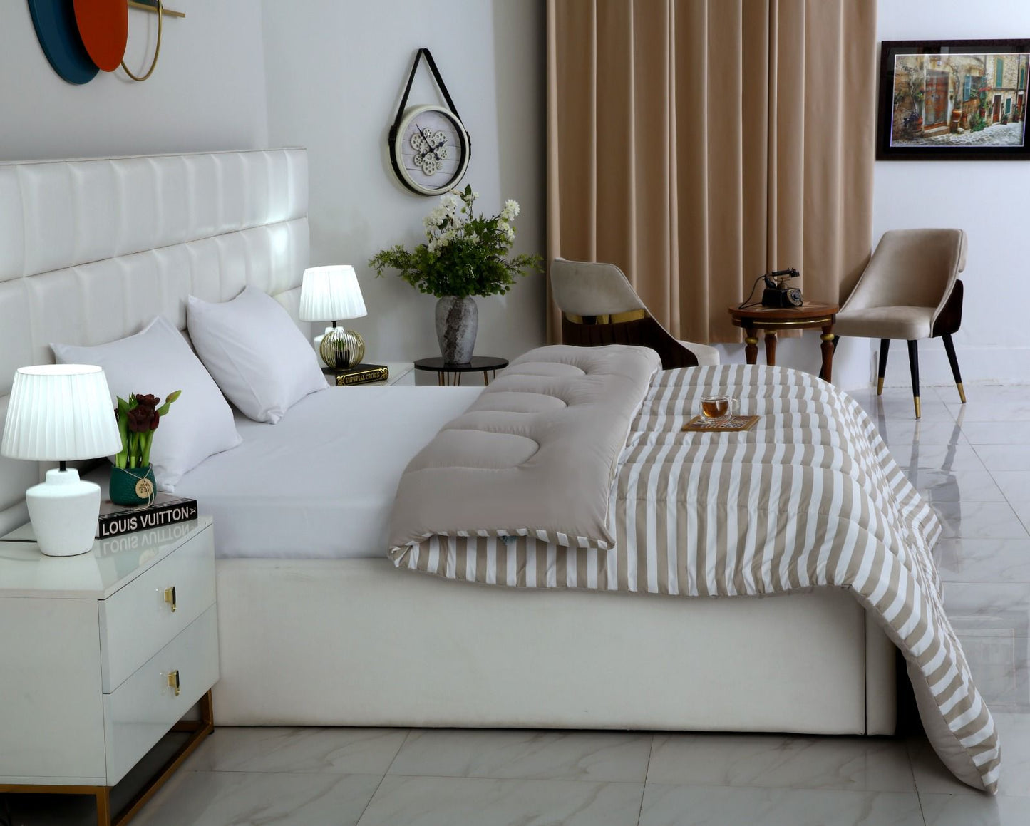 1 PC Double Winter Comforter-Beige Bold Stripes Comforters Apricot