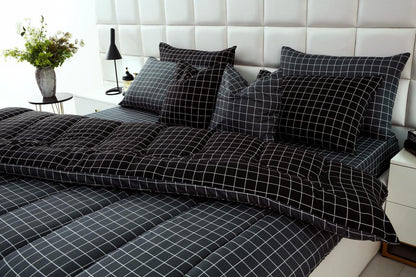 8 PCs Winter Comforter Set-Grey & Black Check Comforters Apricot