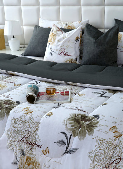8 PCs Winter Comforter Set-Grey Flowers Comforters Apricot