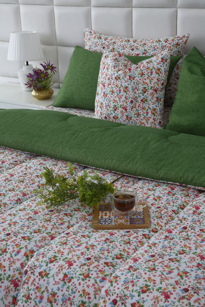 8 PCs Winter Comforter Set-Green Hellebore Comforters Apricot