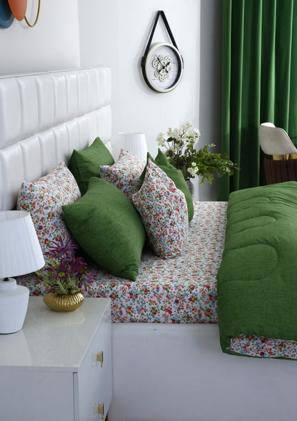 8 PCs Winter Comforter Set-Green Hellebore Comforters Apricot