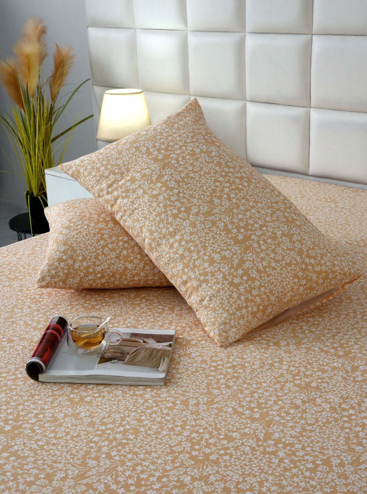 3 PCs Double Bed Sheet-Beige Bloom Bed Sheets Apricot