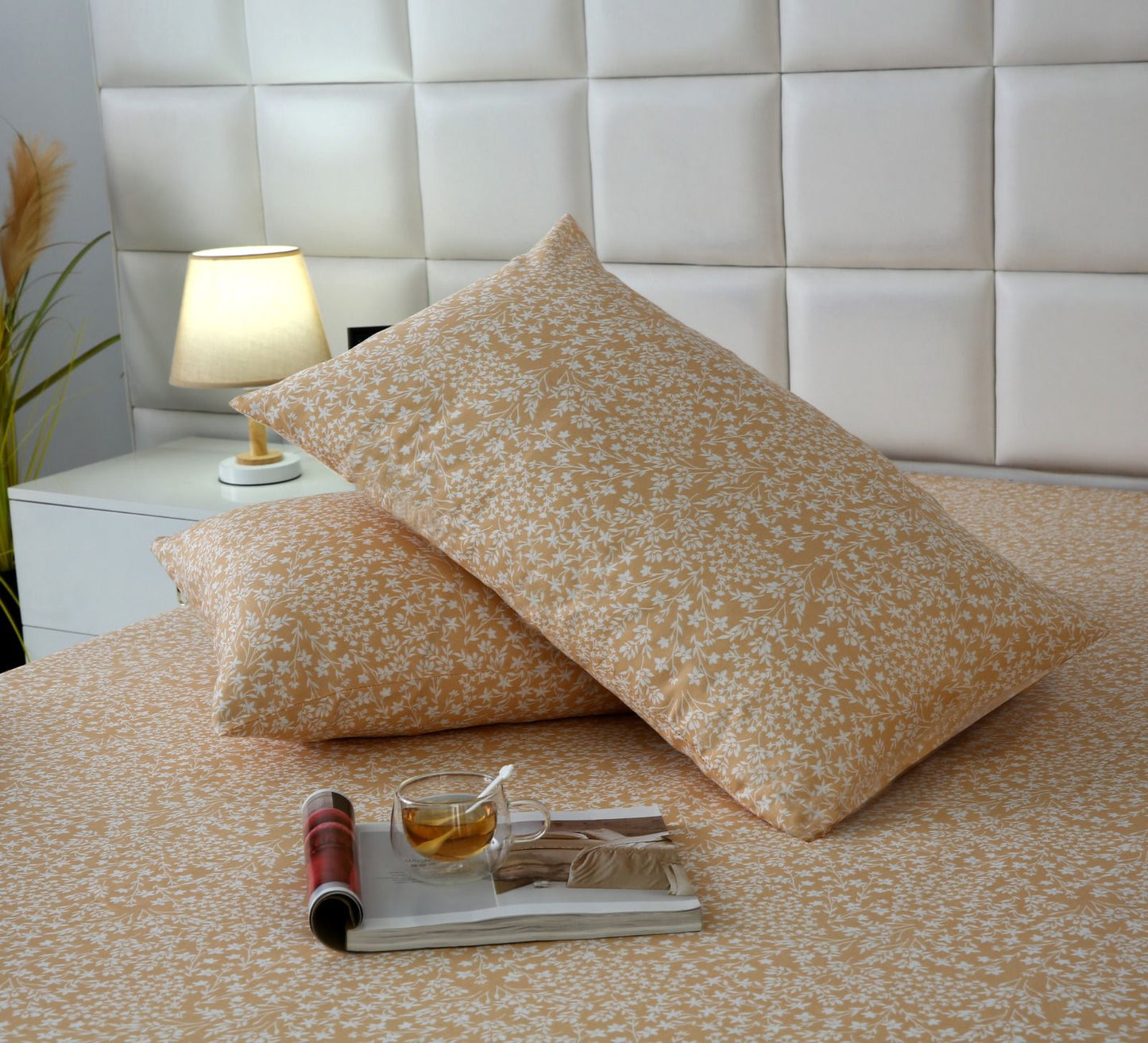 3 PCs Double Bed Sheet-Beige Bloom Bed Sheets Apricot