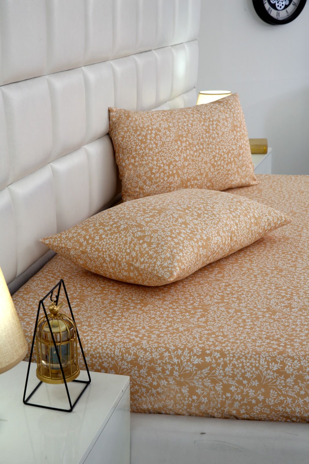 3 PCs Double Bed Sheet-Beige Bloom Bed Sheets Apricot