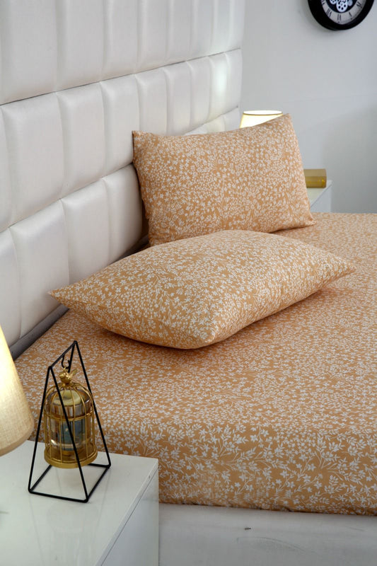 3 PCs Double Bed Sheet-Beige Bloom Bed Sheets Apricot