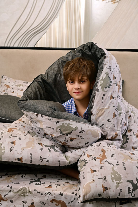5 PCs Single Kids Comforter Set-Dino Gang Comforters Apricot