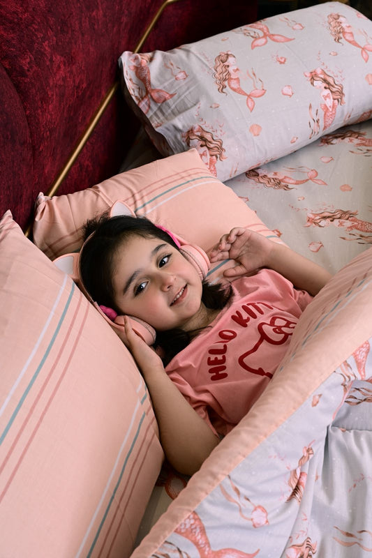 5 PCs Single Kids Comforter Set-Marmaid Comforters Apricot