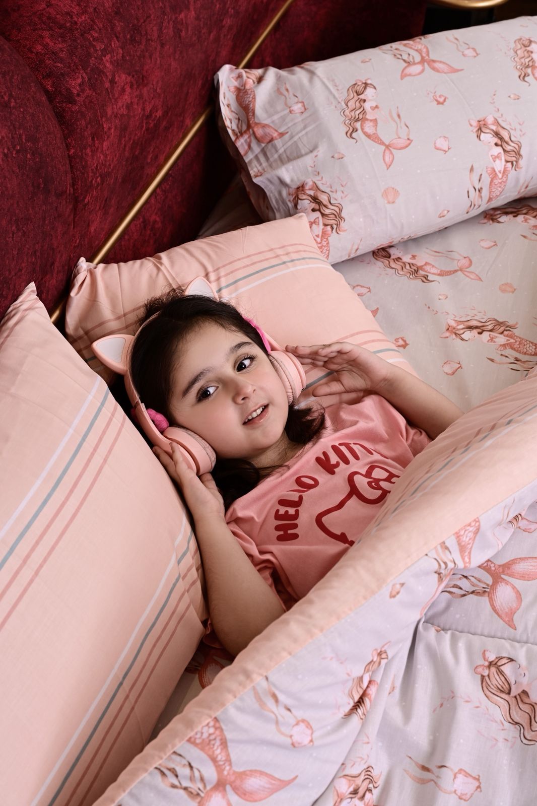 5 PCs Single Kids Comforter Set-Marmaid Comforters Apricot