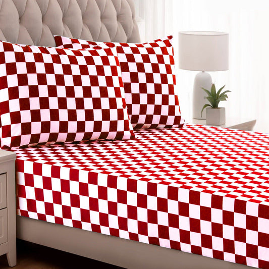 3 PCs Double Bed Sheet-Red Chess Bed Sheets Apricot