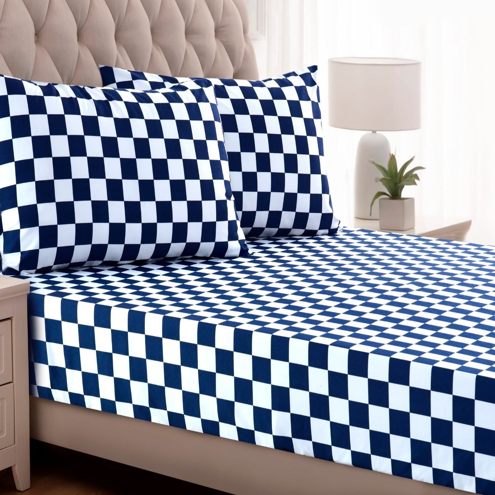 3 PCs Double Bed Sheet-Blue Chess Bed Sheets Apricot