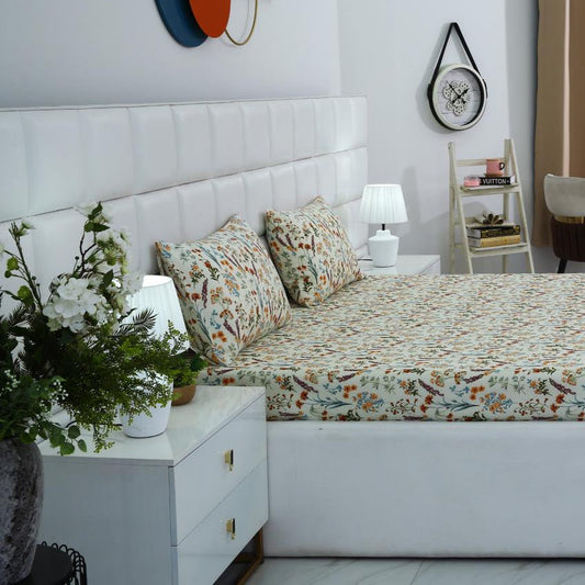 3 PCs Double Bed Sheet-Botanical Charm Bed Sheets Apricot