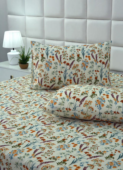 3 PCs Double Bed Sheet-Botanical Charm Bed Sheets Apricot
