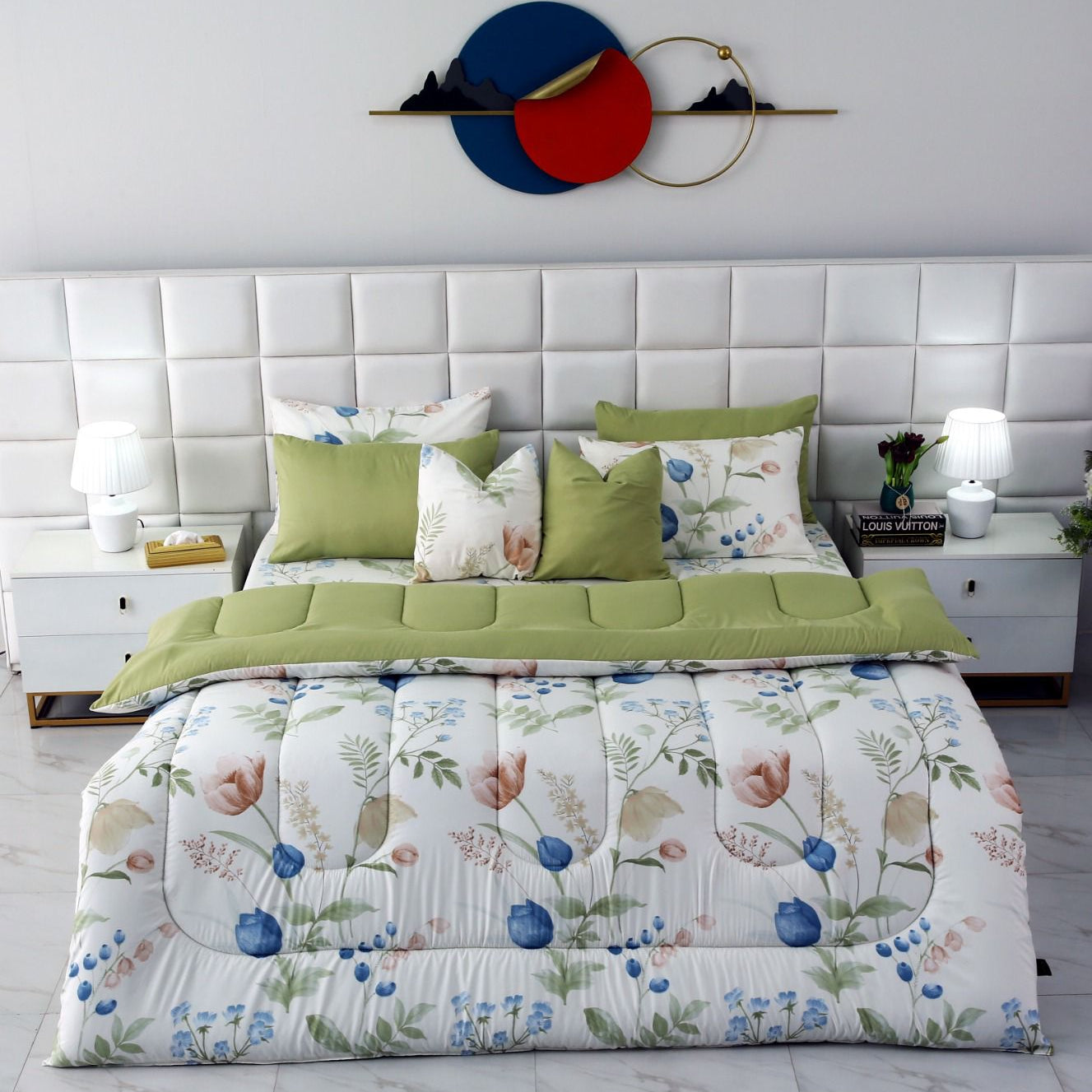 8 PCs Winter Razai Set-Floral Crew Comforters Apricot