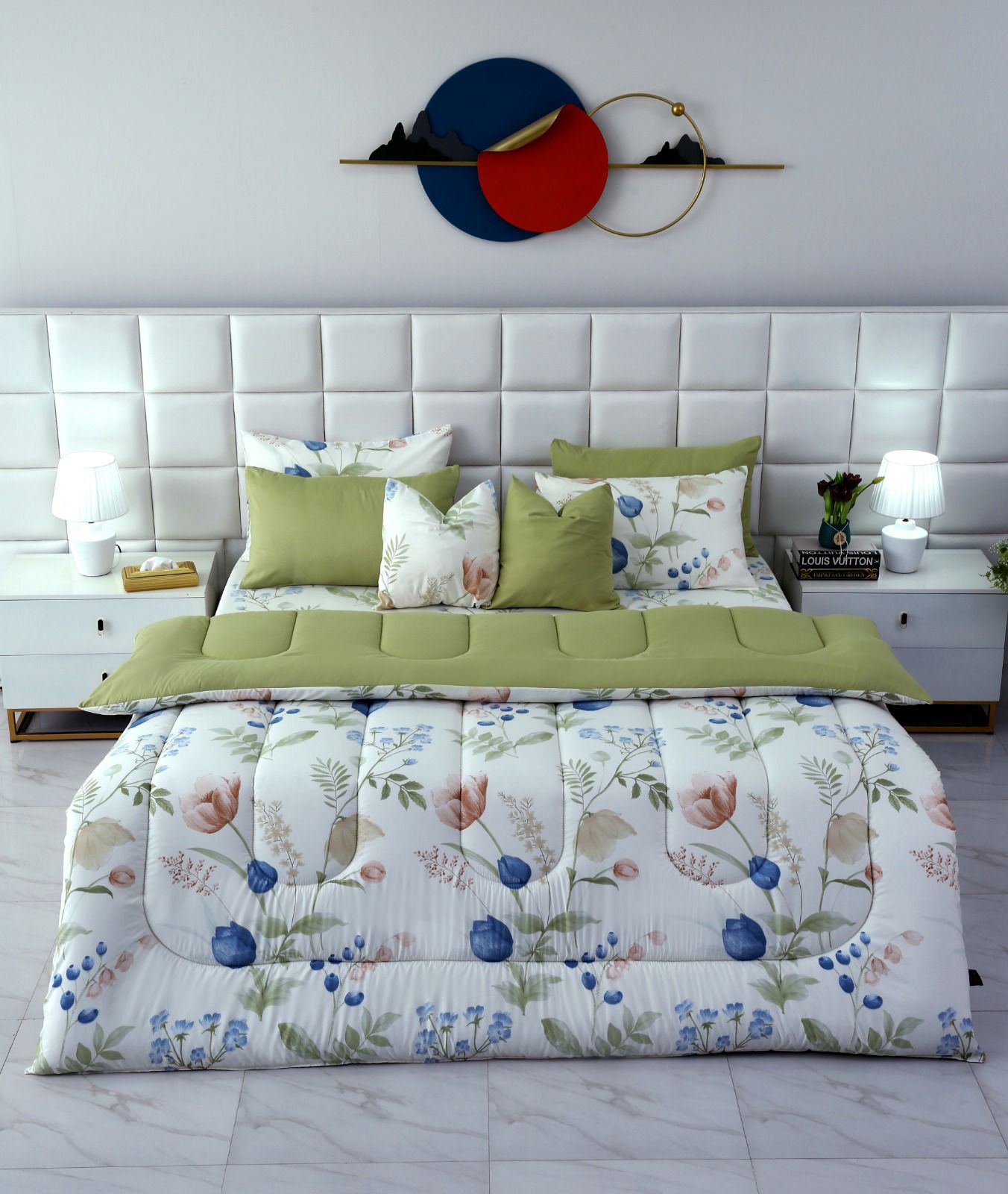 8 PCs Winter Razai Set-Floral Crew Comforters Apricot